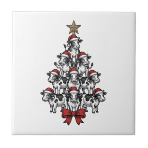 Koe Kerstboom Vintage Gravure Vakantie Boerderij  Tegeltje