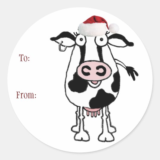 Koe kerstcadeau Sticker: Naar: Van: Ronde Sticker (Voorkant)