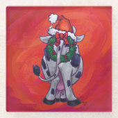 Koe Kerstmis op de rode vloer Glazen Onderzetter (Voorkant)