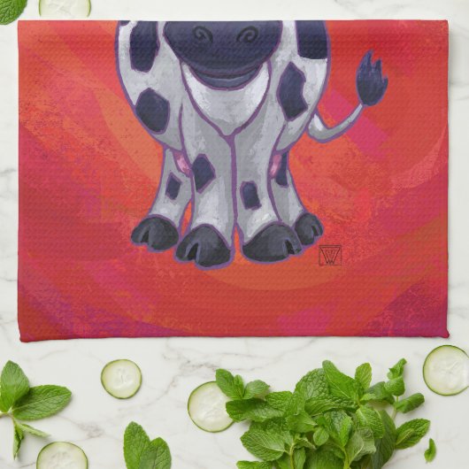 Koe Kerstmis op de rode vloer Theedoek (Gevouwen)