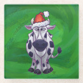 Koe Kerstmis op groen Glazen Onderzetter (Voorkant)