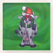 Koe Kerstmis op groen Glazen Onderzetter (Voorkant)