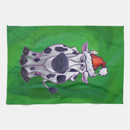 Koe Kerstmis op groen Theedoek (Horizontaal)