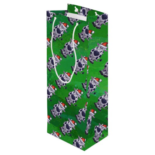 Koe Kerstmis op groen Wijn Cadeautas (Achterkant Gekanteld)