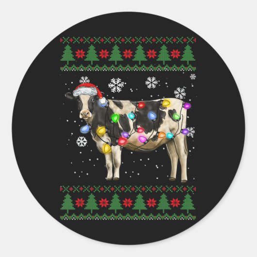 Koe Kerstmis Ronde Sticker (Voorkant)