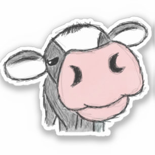 koe kus handgetekend zwart wit grijs boerderij die sticker