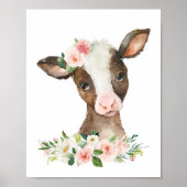 Koe, landbouwhuisdieren, roze bloemen, meisjesseri poster (Voorkant)