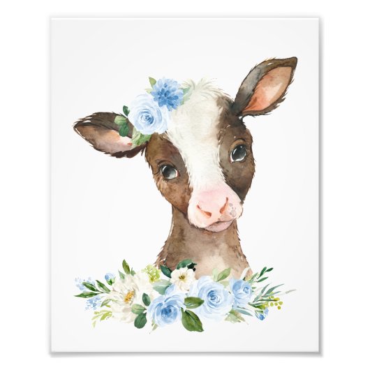 Koe, landbouwhuisdieren, schuur, blauwe bloemen, j foto afdruk (Voorkant)