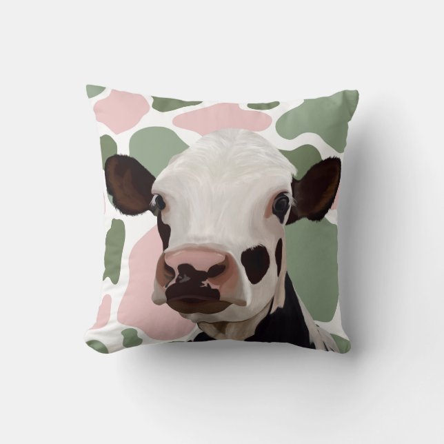 Koe Liefhebbers Sage Groen en Roze Koe Print Kussen (Voorkant)