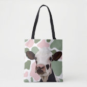Koe Liefhebbers Sage Groen en Roze Koe Print Tote Bag (Voorkant)