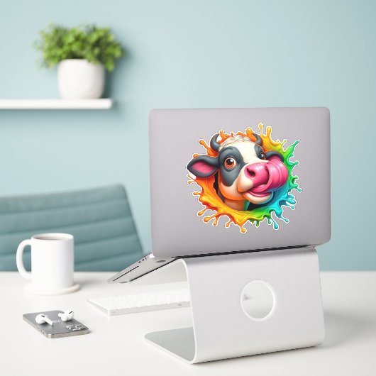Koe likkende neus sticker (Laptop op bureau)