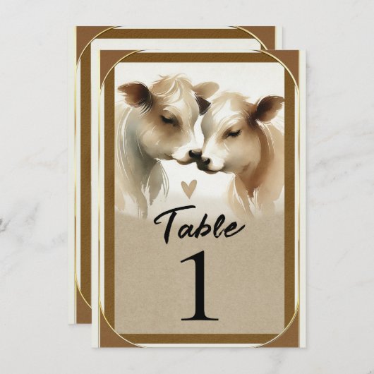 Koe Love Brown Cream Country Trouwtafel Nummer Kaart (Voorkant / Achterkant)