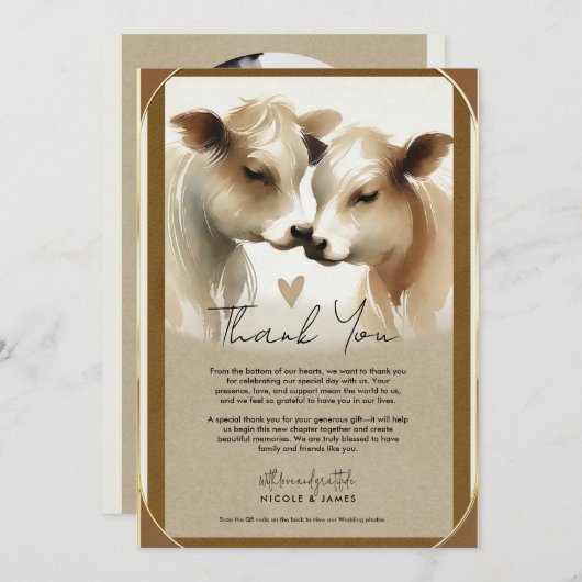 Koe Love Brown Cream Country Wedding Dank u Kaart (Voorkant / Achterkant)