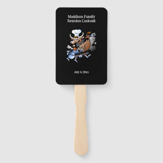 Koe Mascotte Familie Reünie Barbecue Aangepast Handwaaier (Achterkant)