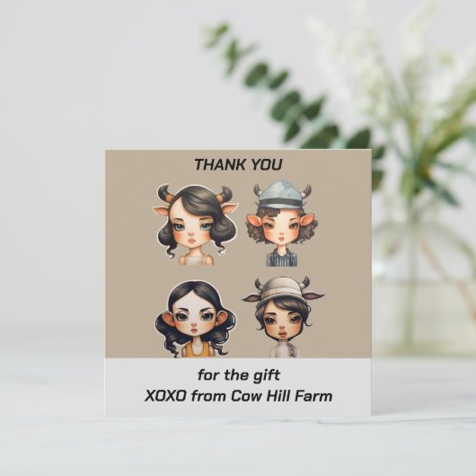 Koe meisje Party Bedankkaart (Staand voorkant)