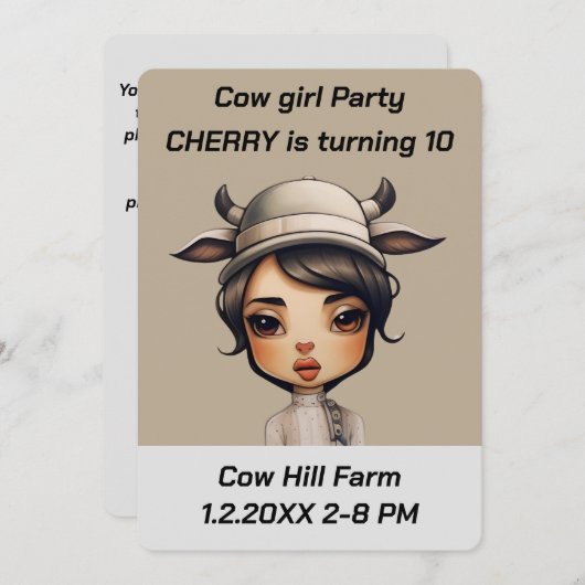 Koe meisje Party Kaart (Voorkant / Achterkant)