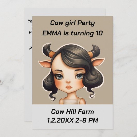 Koe meisje Party Kaart (Voorkant / Achterkant)