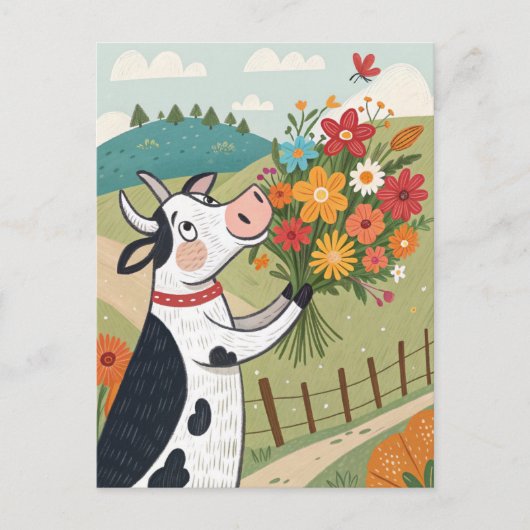 Koe met bloemen grappig en schattig briefkaart (Voorkant)