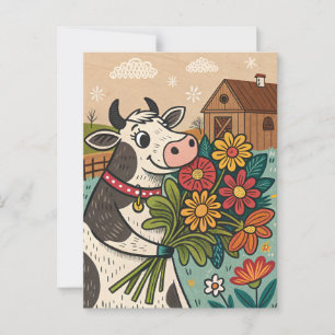 Koe met bloemen leuke volkskunststijl briefkaart