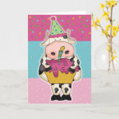 Koe met Cupcake Birthday Kaart (Gele Bloem)