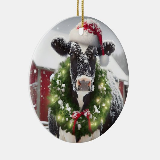 Koe met een kerstmuts keramisch ornament (Rechts)