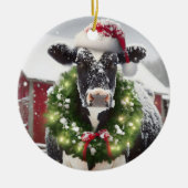 Koe met een kerstmuts keramisch ornament (Voorkant)