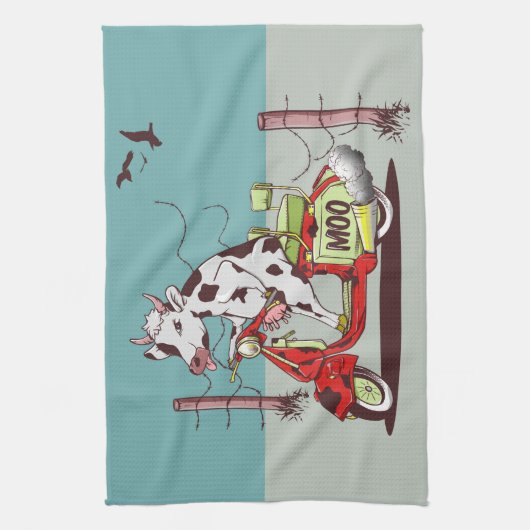 Koe met een  motor theedoek (Verticaal)