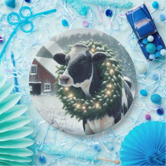 Koe met een stralende kerstkrans papieren bordje (Feest)