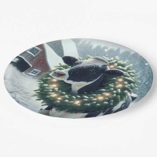 Koe met een stralende kerstkrans papieren bordje (Gekanteld)