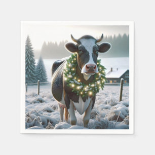 Koe met een stralende kerstkrans servet