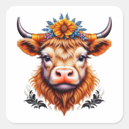 Koe met gele zonnebloem vierkante sticker