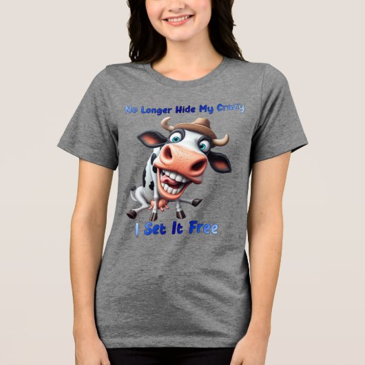 Koe met humoristische expressie en statement Tri-Blend shirt (Voorkant)