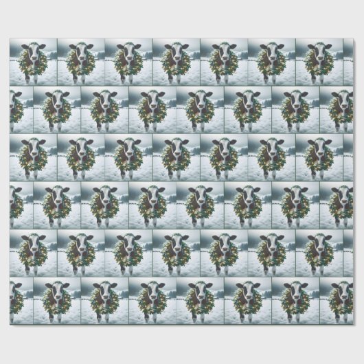 Koe met kerstkrans cadeaupapier (Vlak)