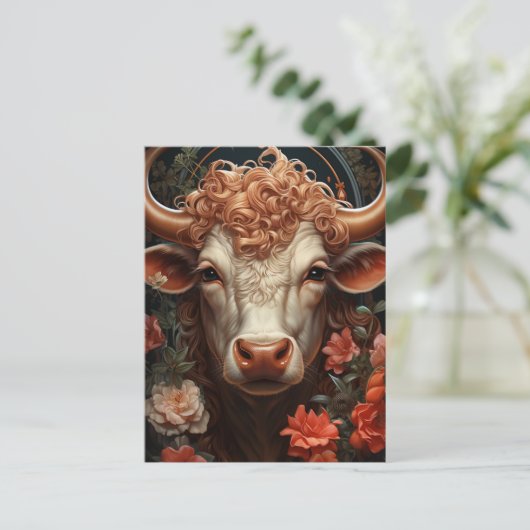 Koe met krullend haar in de bloemen briefkaart (Staand voorkant)