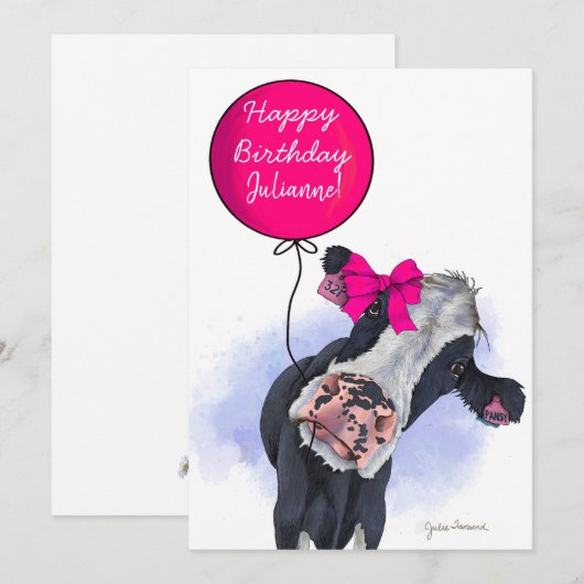 Koe met Roze Verjaardag Ballon Kaart - Personalise (Voorkant / Achterkant)