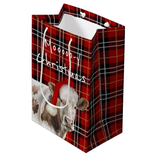Koe met Santa Pet op Tartan Plaid Medium Cadeauzakje (Voorkant Gekanteld)