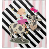 Koe met schoengordijn roze en zwarte strepen douchegordijn (Voorkant)