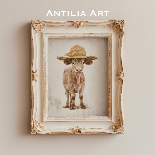 Koe met Stro Pet Whimsical Boerderij Dierenkalf Poster