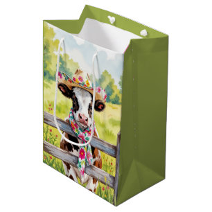 Koe met verjaardag die een hoed met bloemenprint d medium cadeauzakje