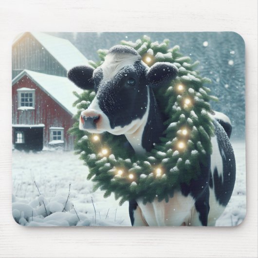 Koe met verlichte kerstkrans muismat (Voorkant)