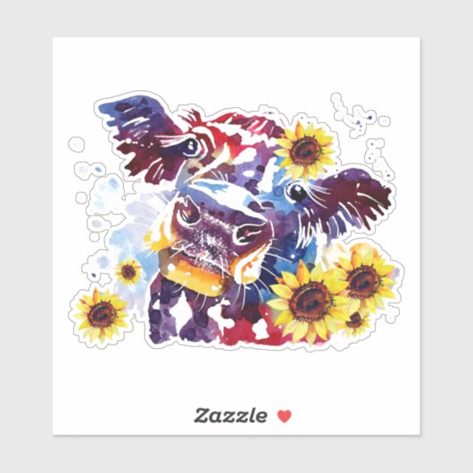 Koe met zonnebloemen, op maat gesneden vinylSticke Sticker (Vel)