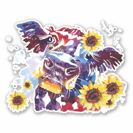 Koe met zonnebloemen, op maat gesneden vinylSticke Sticker (Voorkant)