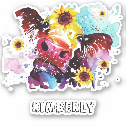 Koe met zonnebloemen, op maat gesneden vinylSticke Sticker (Voorkant)