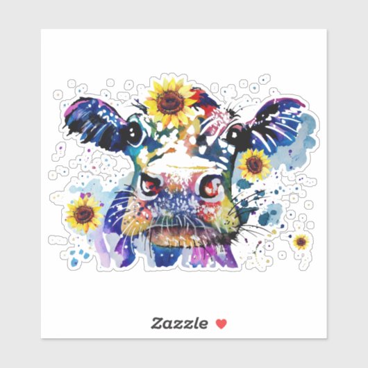 Koe met zonnebloemen, op maat gesneden vinylSticke Sticker (Vel)