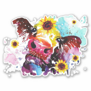 Koe met zonnebloemen, op maat gesneden vinylSticke Sticker