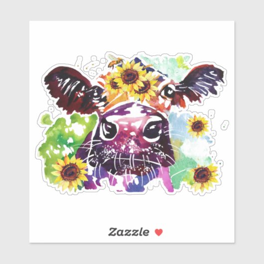 Koe met zonnebloemen, op maat gesneden vinylSticke Sticker (Vel)