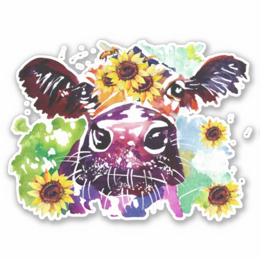 Koe met zonnebloemen, op maat gesneden vinylSticke Sticker (Voorkant)