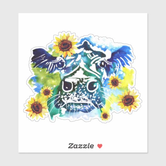 Koe met zonnebloemen, op maat gesneden vinylSticke Sticker (Vel)