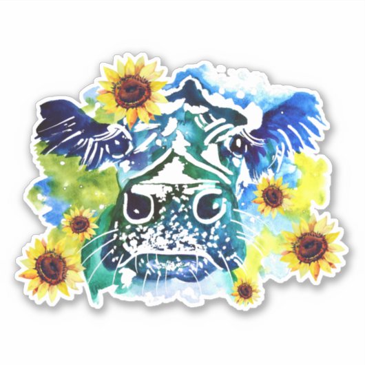 Koe met zonnebloemen, op maat gesneden vinylSticke Sticker (Voorkant)