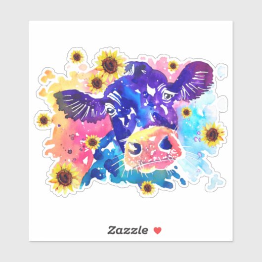 Koe met zonnebloemen, op maat gesneden vinylSticke Sticker (Vel)